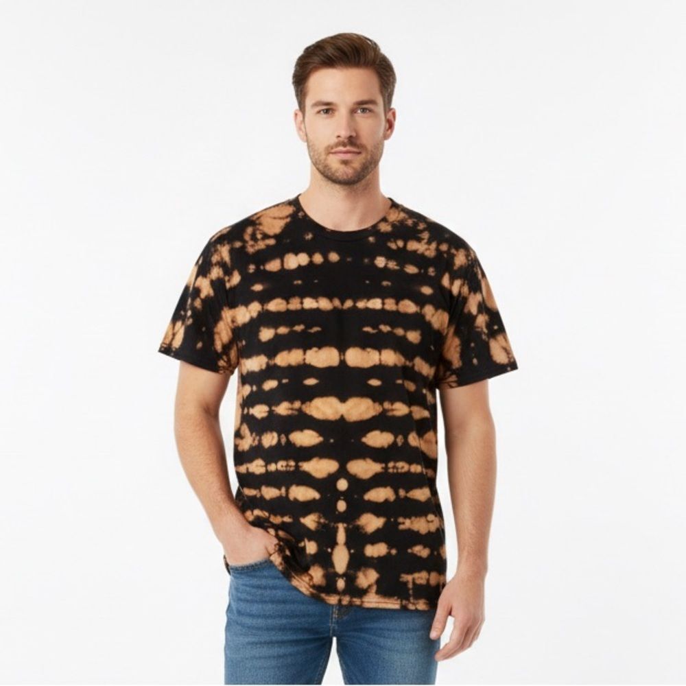 NEW Handmade Black & Orange Striped Reverse Tie-Dye Bleach-Dyed T-Shirt Sz Large
